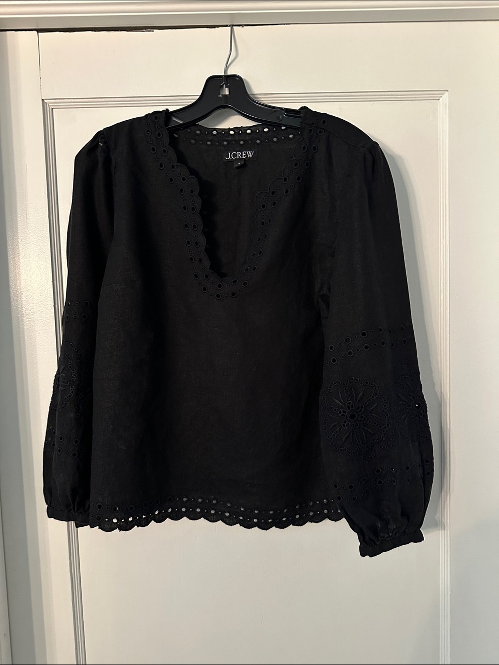 J. Crew Black Linen Eyelet Peasant Top